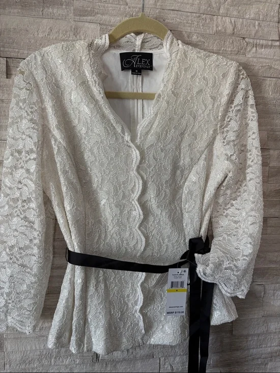 Alex Evenings Cream Lace Peplum Blouse with Black Ribbon - Picture 4 of 11